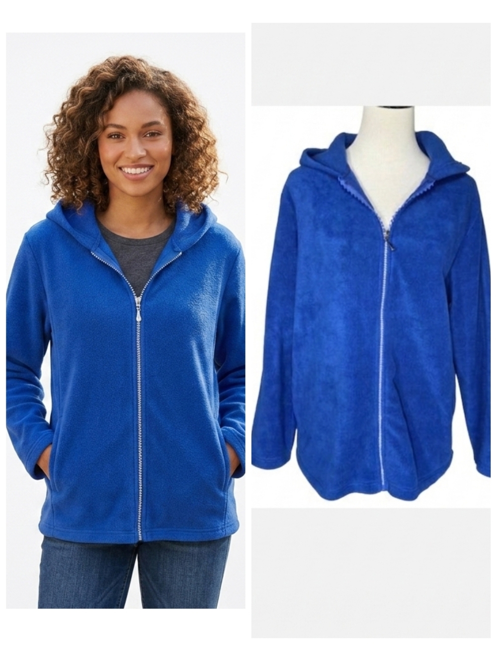 Quacker Factory Blue Zip-Up Fleece Hoodie Rhinestone Zipper Women's Size Large